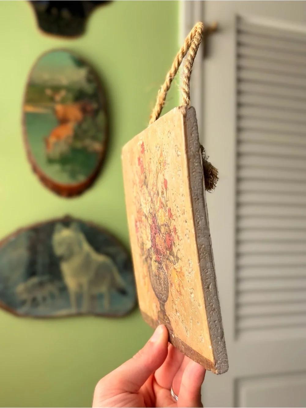 Vintage Rustic Plaque with Potted Floral Arrangement Bouquet by Barbara Mock